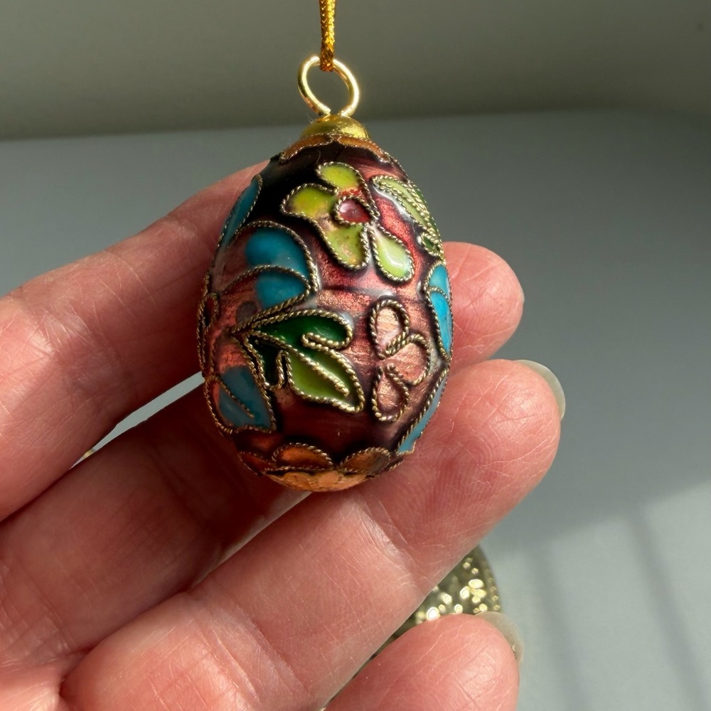 Vintage Cloisonné Egg Christmas Easter Ornament Purple and Blue Floral Enamel
